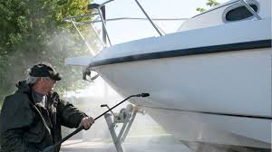 Detailer pressure washing the white hull of a boat on a trailer, demonstrating professional boat cleaning.