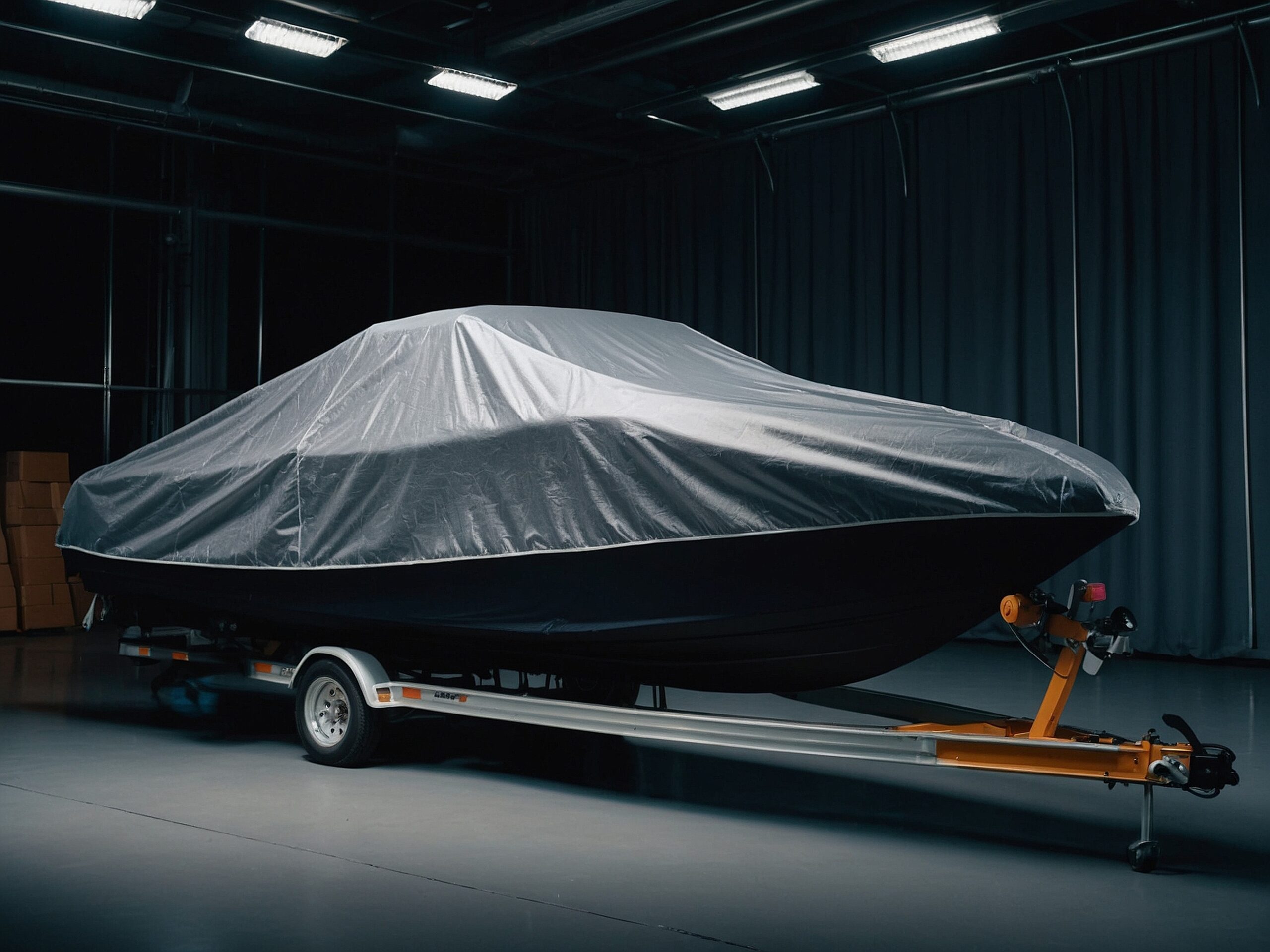 Boat completely covered in protective winter wrap or shrink wrap inside a storage facility.