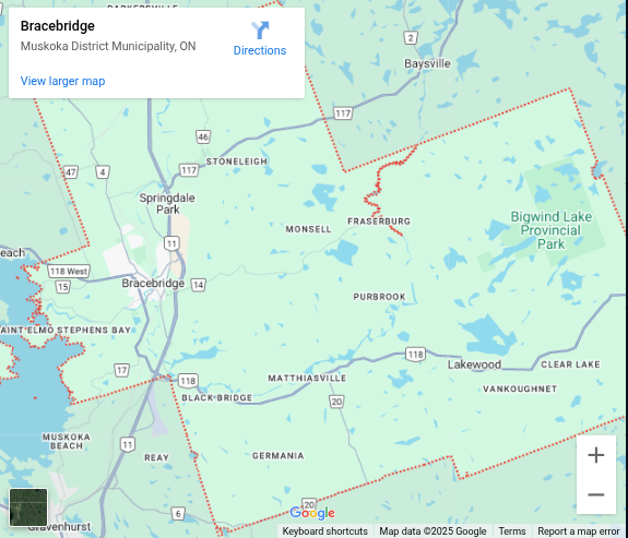 Map showing True North Mobile Restoration Detailing Muskoka's service area for mobile boat restoration and detailing across the Muskoka Lakes region, including Bracebridge, Port Carling, and Gravenhurst.