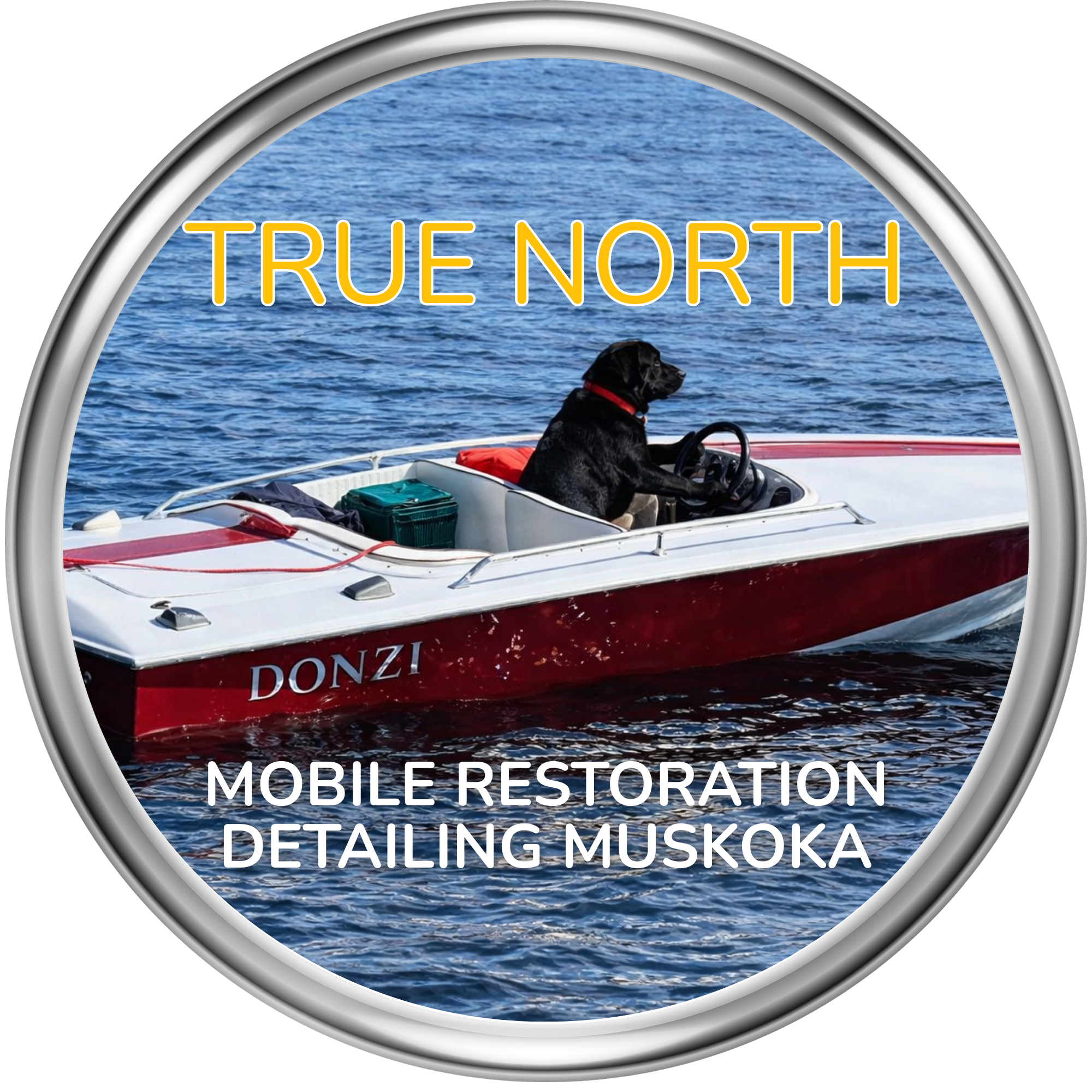 A circular logo for True North Mobile Restoration featuring a black Labrador named Ollie driving a red Donzi boat, enclosed in a silver metal ring.